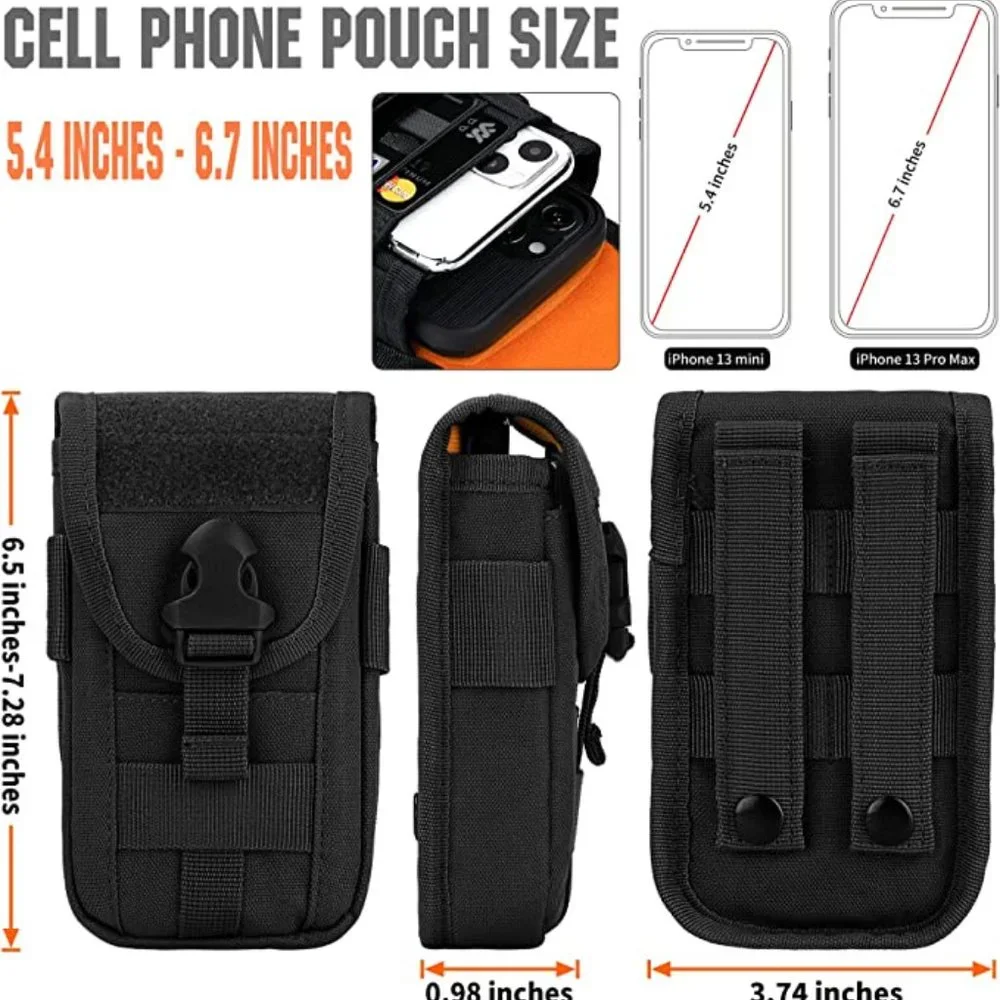 Tactical Cell Phone Holster Pouch with US Flag Patch (Black + 2 Patches)